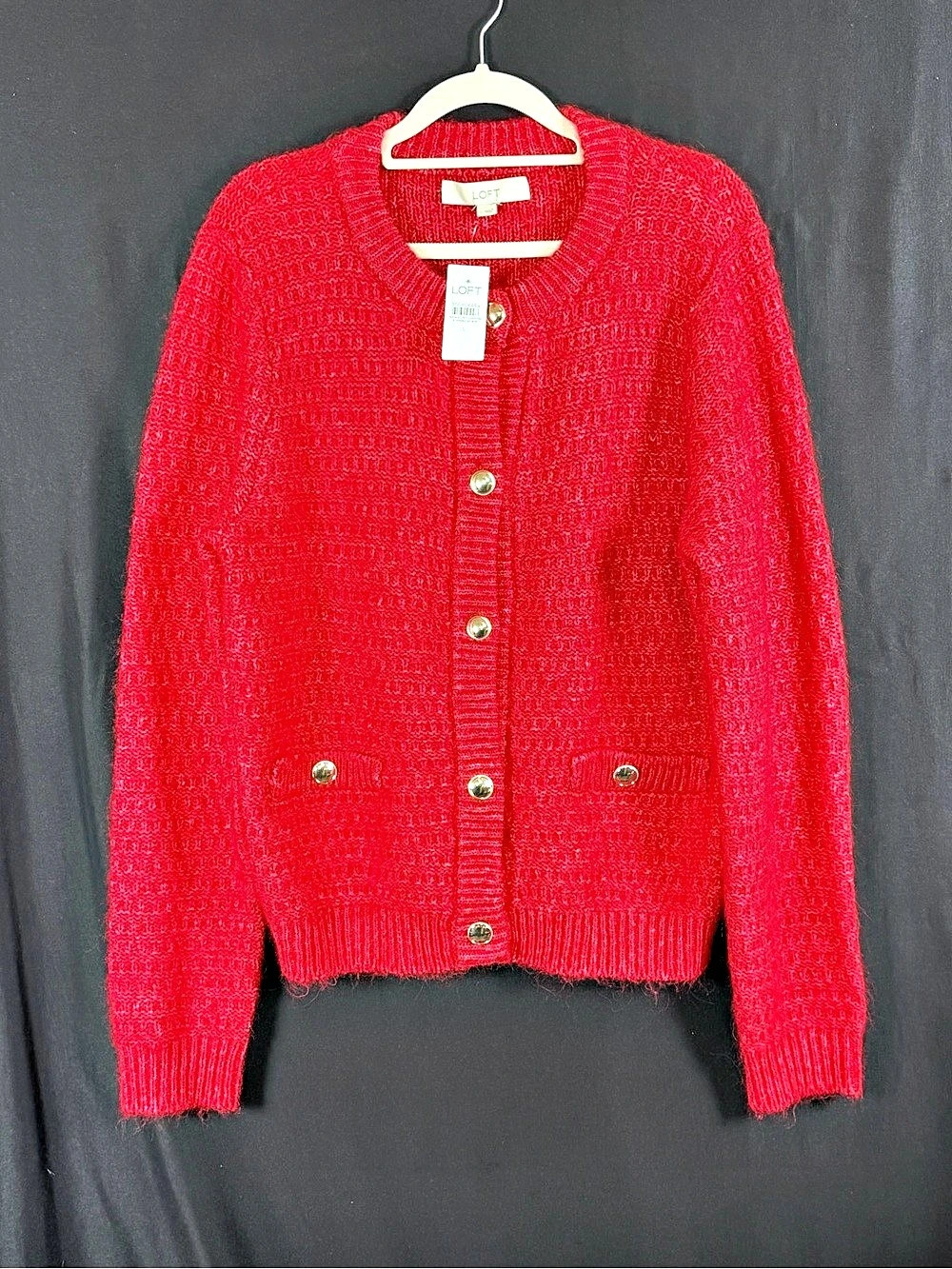 LOFT Knit Cardigan Red Size Medium NWT Button Down Poly/Wool Blend Waffle knit